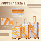 Set of orange and white patterned suitcases with close-ups of handle and foot mat on a beige background.