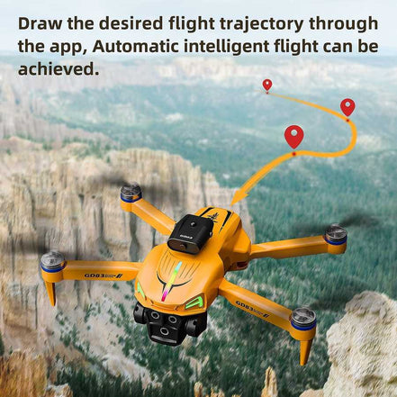 Yellow drone with camera on a mountainous landscape, showing flight trajectory.