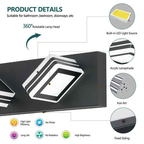 Product details infographic for a modern black wall light fixture with a 360-degree rotatable lamp head, featuring circular callouts of the built-in LED light source, acrylic lampshade, iron art frame, and fixed siding.