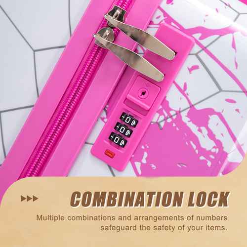 Close-up of pink suitcase zipper lock with combination lock for secure travel, detailed with pink splash design
