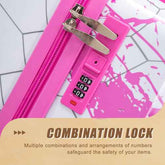 Close-up of pink suitcase zipper lock with combination lock for secure travel, detailed with pink splash design