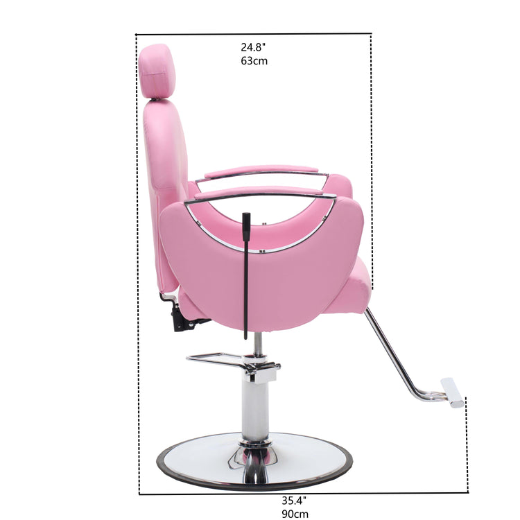 Pink salon barber chair with adjustable chrome base and leg rest, shown with dimension lines and measurements for height and width on a white background.