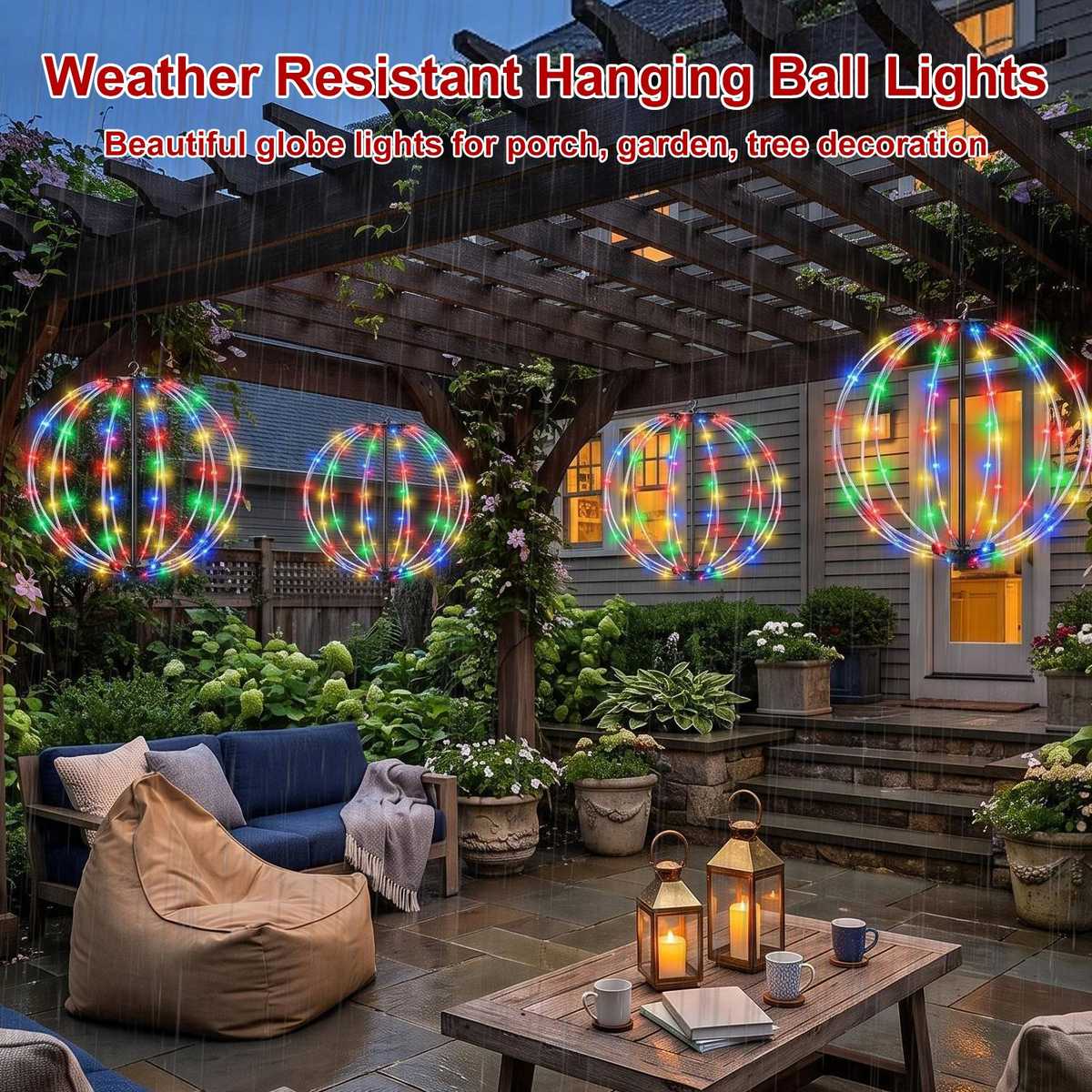 Weather-resistant hanging LED ball lights on a garden patio at night