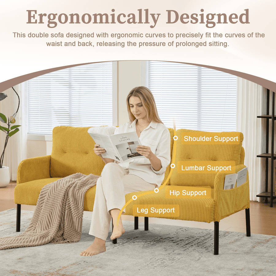 Woman reading a newspaper on an ergonomically designed yellow sofa with labeled support points.