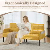 Woman reading a newspaper on an ergonomically designed yellow sofa with labeled support points.
