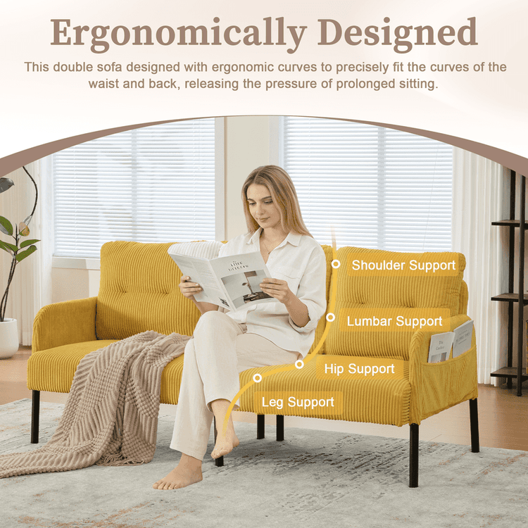Woman reading a newspaper on an ergonomically designed yellow sofa with labeled support points.