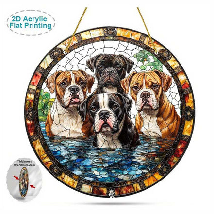 Vivid Boxer Dog Wall Art in stained glass design, printed on 2D acrylic with detailed boxer dog illustration for pet-themed home decor.
