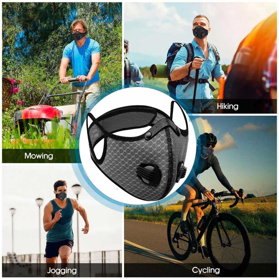 Collage of people engaging in various activities wearing a black face mask with a filter pocket.