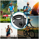 Collage of people engaging in various activities wearing a black face mask with a filter pocket.