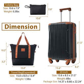 Detailed dimensions of black 20 inch carry on luggage, tote bag, and toiletry bag, showing size, weight, and expandable features