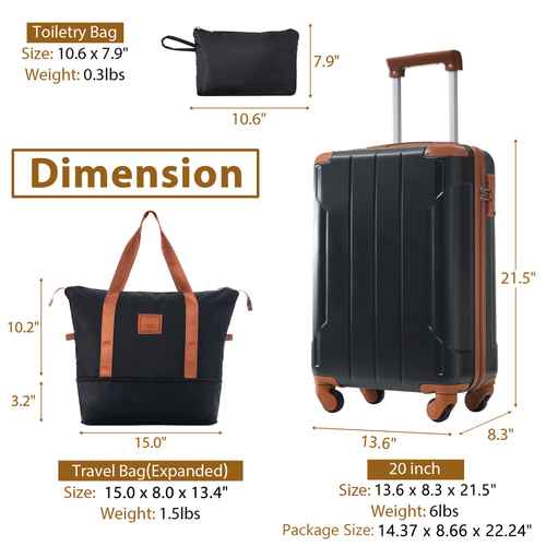 Detailed dimensions of black 20 inch carry on luggage, tote bag, and toiletry bag, showing size, weight, and expandable features