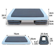 Adjustable Aerobic Stepper with 2 Risers, showing dimensions and height options for customizable workout intensity.