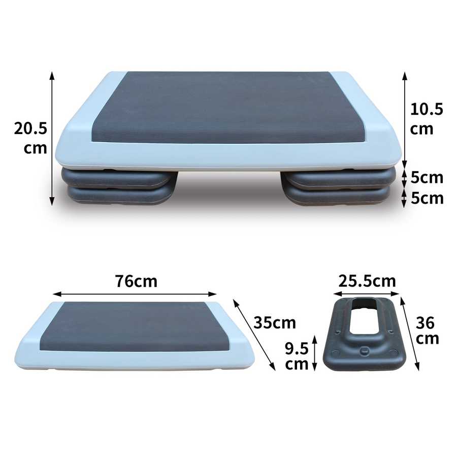 Adjustable Aerobic Stepper with 2 Risers, showing dimensions and height options for customizable workout intensity.