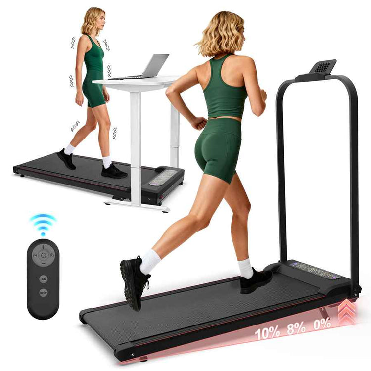Woman in green sportswear walking on a treadmill with digital display, next to a desk with laptop for home fitness