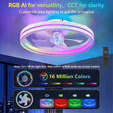 Ceiling fan with RGB lighting and remote control on a blue background