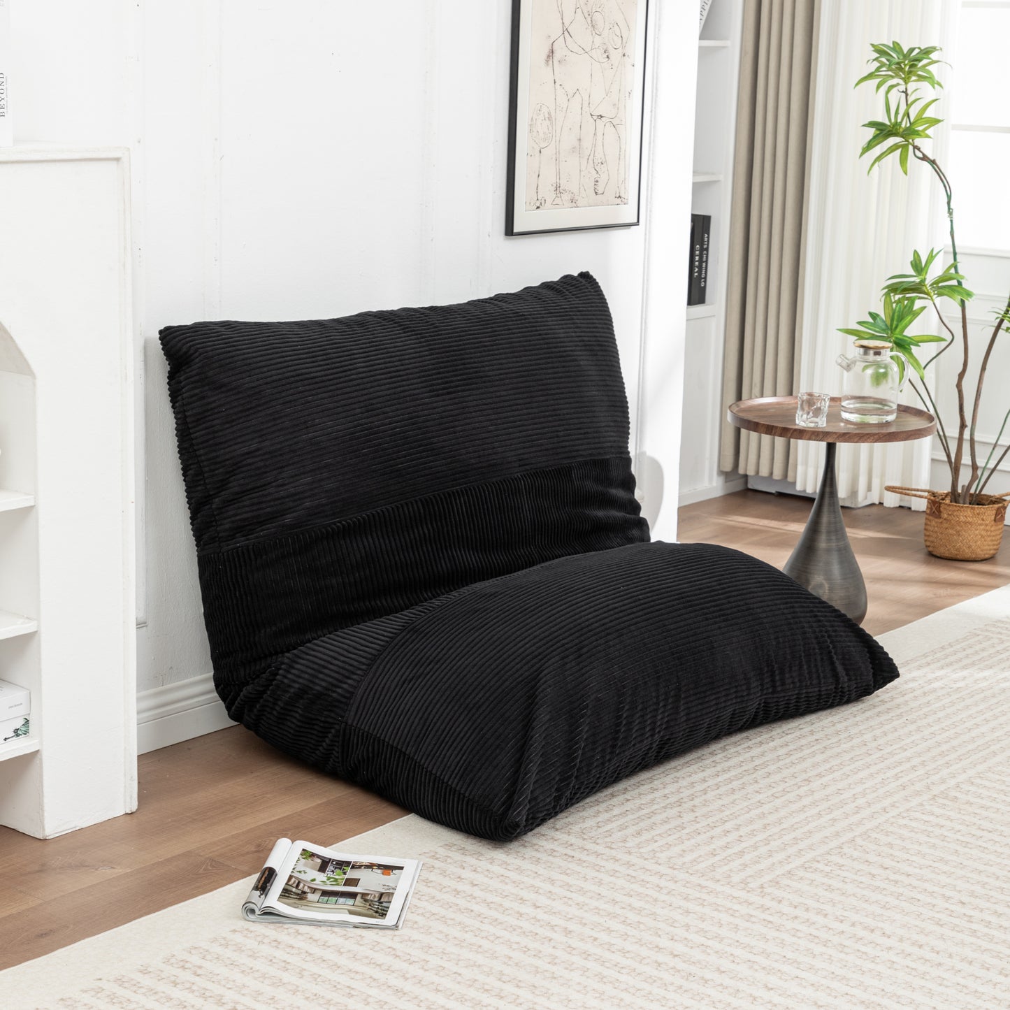 Black Corduroy Bean Bag Chair for Adults & Kids shown in seated position, offering plush comfort and stylish floor seating.