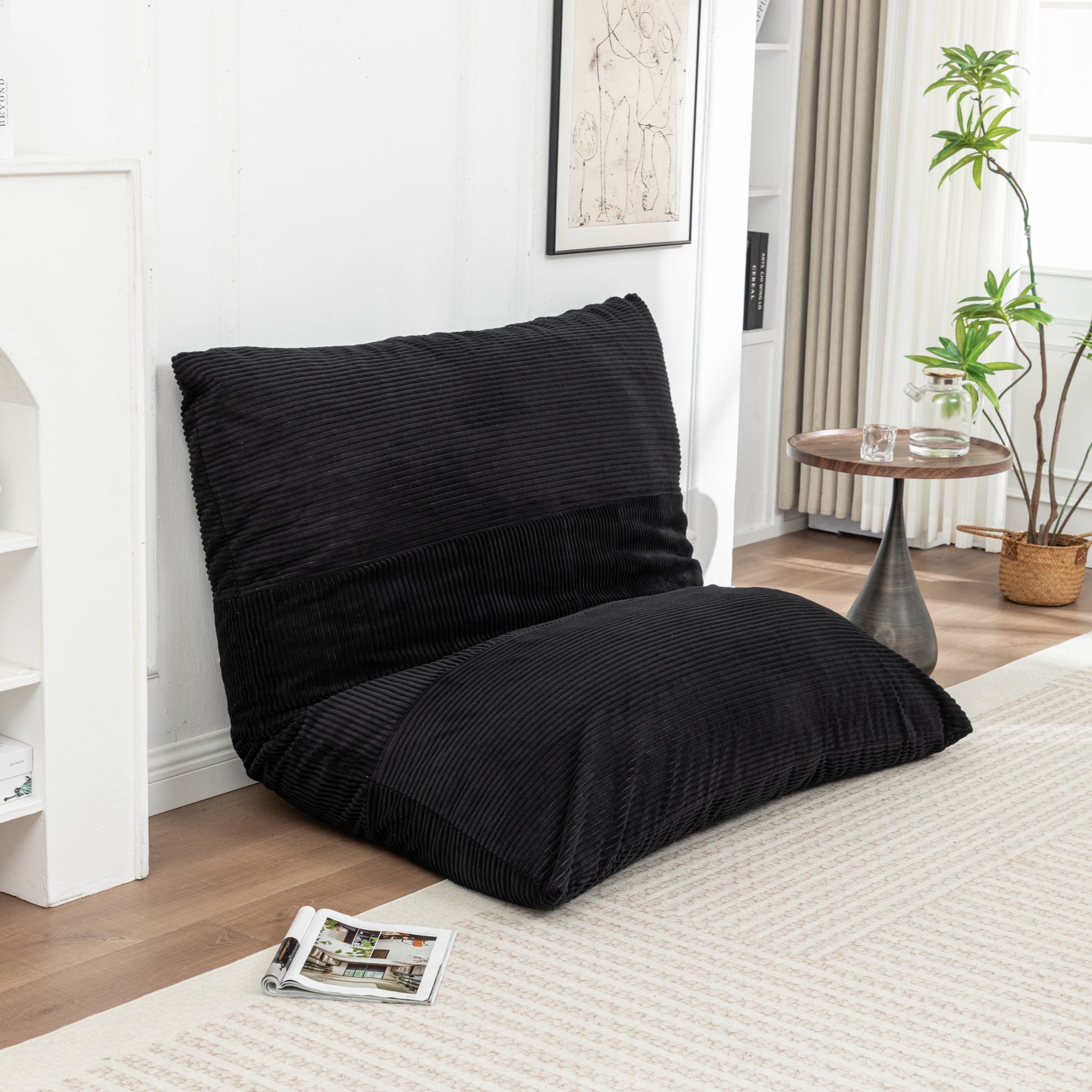 Black Corduroy Bean Bag Chair for Adults & Kids shown in seated position, offering plush comfort and stylish floor seating.