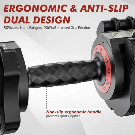 Ergonomic anti-slip handle on 22.5lb Adjustable Dumbbell Set enhances grip and reduces fatigue for safer, more effective workouts.