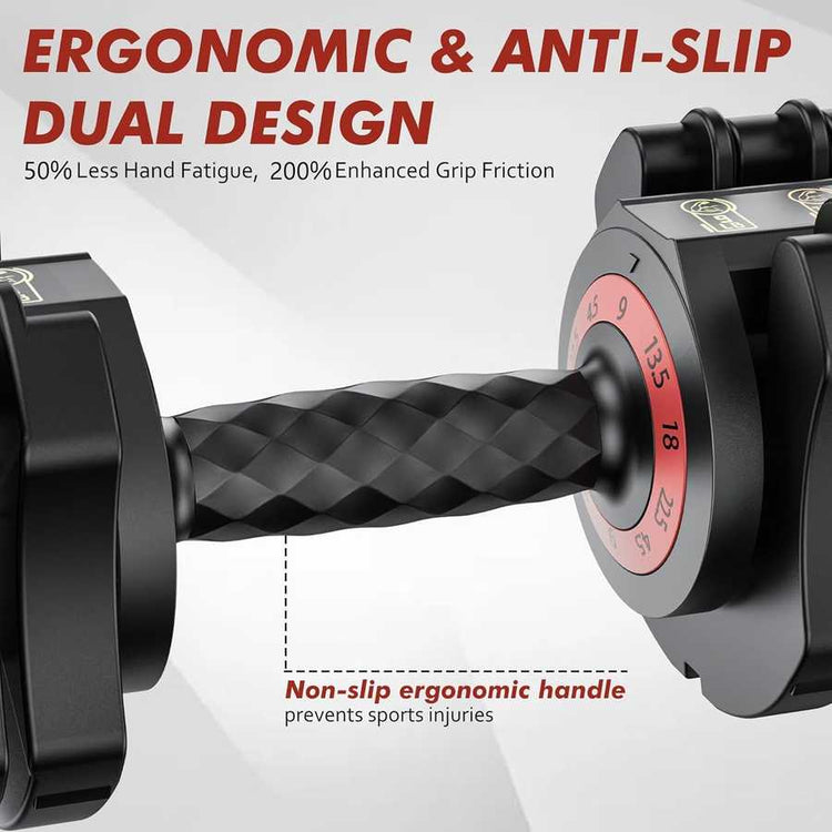 Adjustable Dumbbells Set - Home Gym | 22.5LB Weights with ergonomic anti-slip handle for enhanced grip and reduced hand fatigue during workouts.