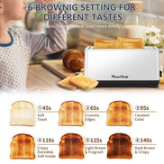 4-Slice Toaster with Wide Slots - PlumChef toaster with 6 browning settings for different toast preferences, from soft to dark brown.