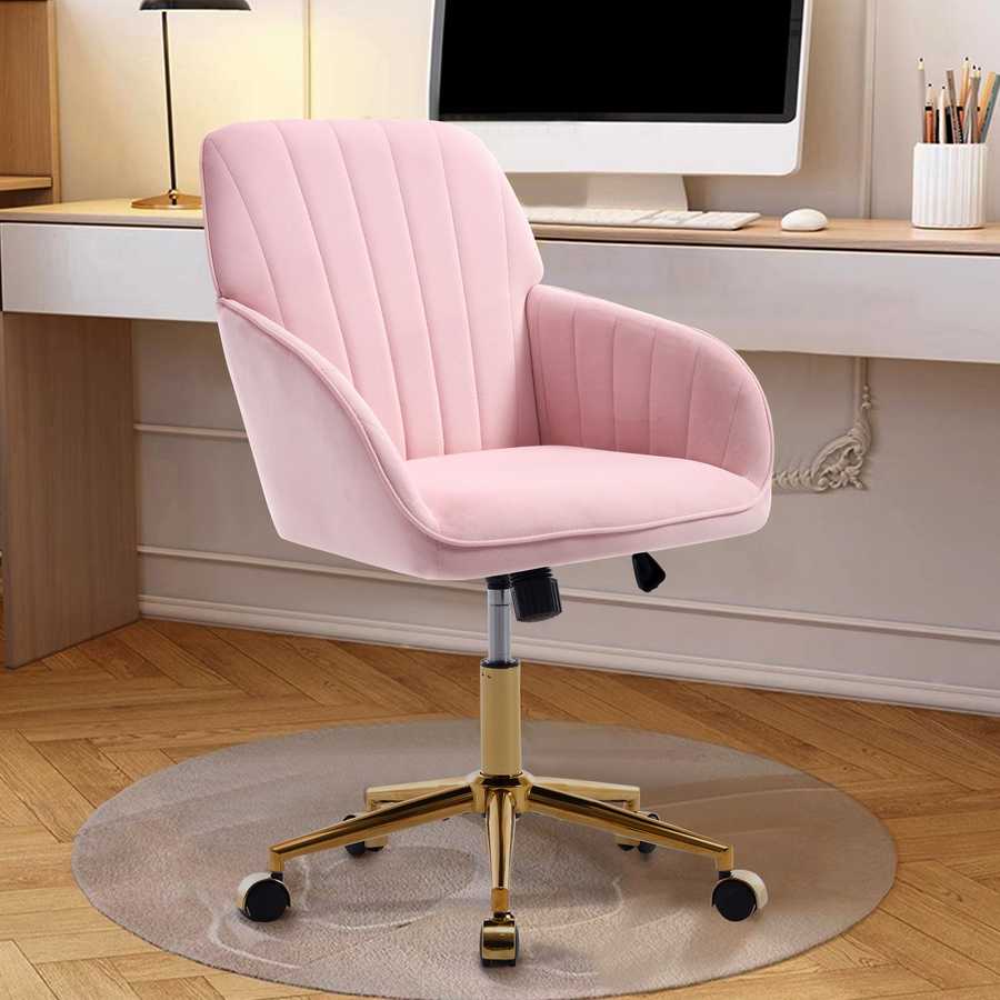 Pink office chair in a home office setting with a desk and computer.