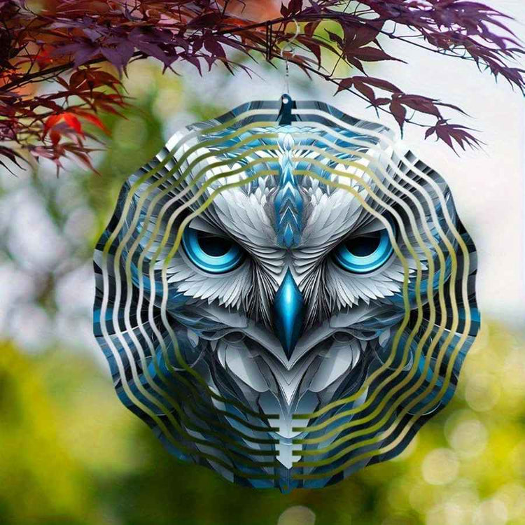 Artistic depiction of an owl with a colorful, abstract design on a natural background.