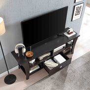 Top view of TV Stand with Storage showing organized compartments, open shelves, and central drawer under a mounted TV.