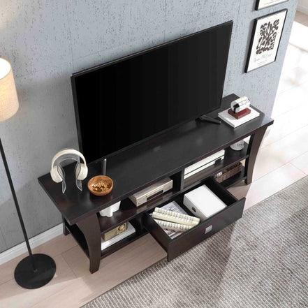 Top view of TV Stand with Storage showing organized compartments, open shelves, and central drawer under a mounted TV.