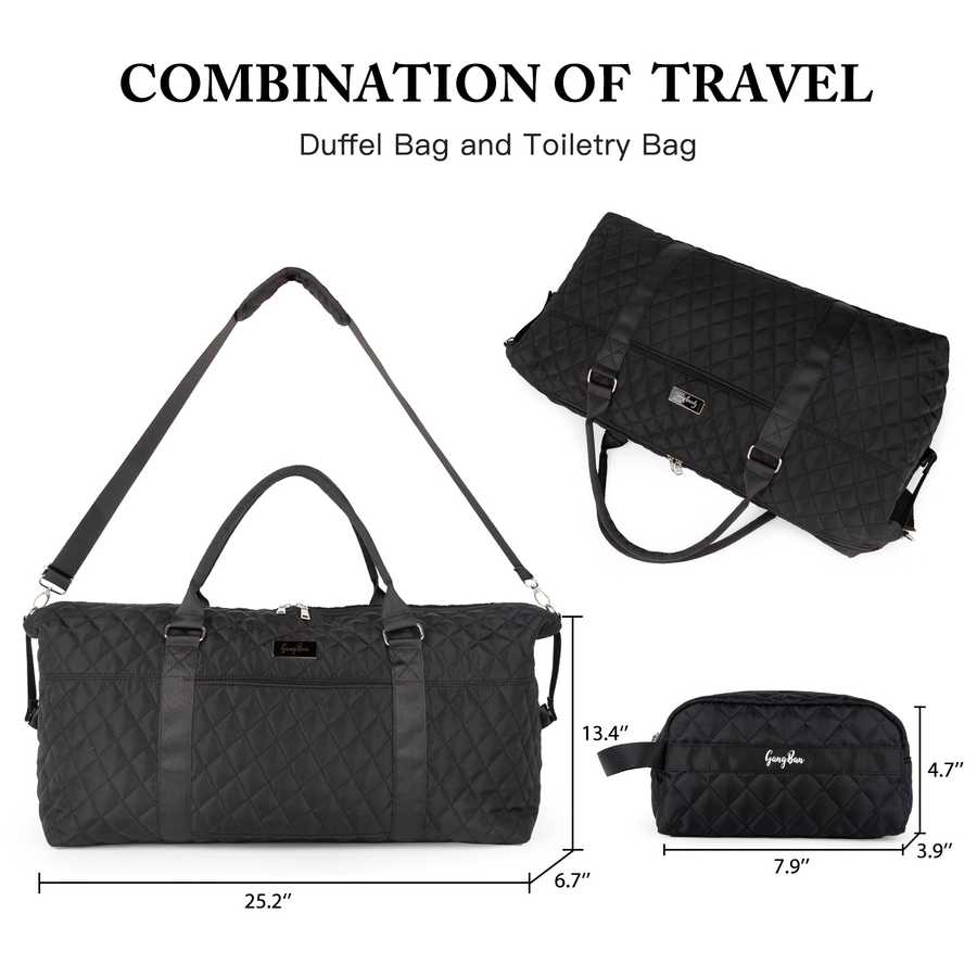 Black quilted duffel bag and toiletry bag with measurements on a white background