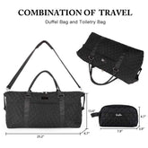 Black quilted duffel bag and toiletry bag with measurements on a white background