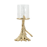 A candle holder featuring a textured clear glass cylinder vase mounted on a sculpted tree trunk base with a gold finish, shown against a plain white background.