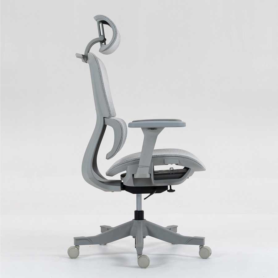 Side profile of high back mesh office chair showing ergonomic curvature, adjustable features, and smooth-rolling casters.