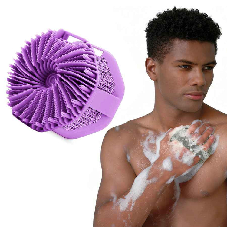 Purple scrubber and a man using it on his arm with soap suds.