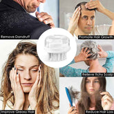 Collage of people dealing with scalp issues with a central focus on a hair care product.