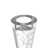 A clear glass vase with a wide circular rim and a tapered body, filled with tiny suspended bubbles, shown on a plain white background.