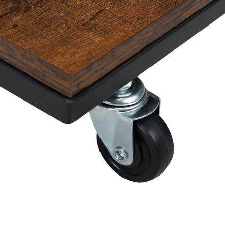 Close-up of wooden top shelf with black metal frame and caster wheel