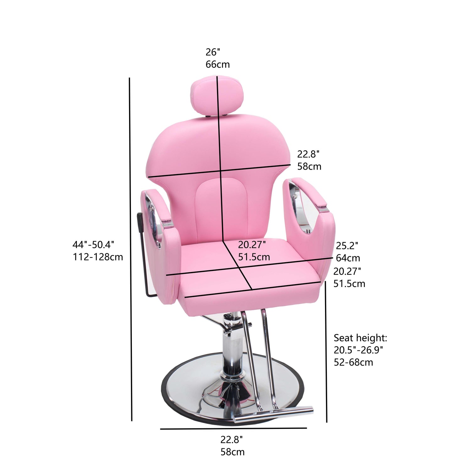 Pink barber-style salon chair with adjustable chrome base and overlaid dimension lines and measurements for height, seat width, back width, and seat height.