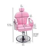 Pink barber-style salon chair with adjustable chrome base and overlaid dimension lines and measurements for height, seat width, back width, and seat height.