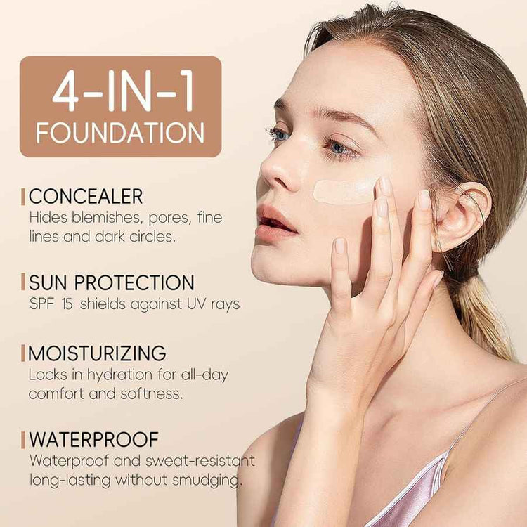 Woman applying 4-in-1 foundation with product features listed on a beige background