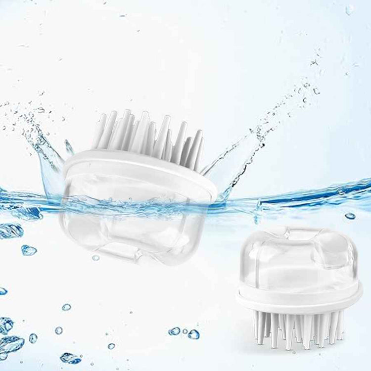 Two white scalp massagers with water droplets and splashes on a light blue background