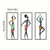 Bohemian Macrame Wall Hanging size guide showing three African dancer panels, each 45cm tall and 19cm wide, in colorful traditional attire.