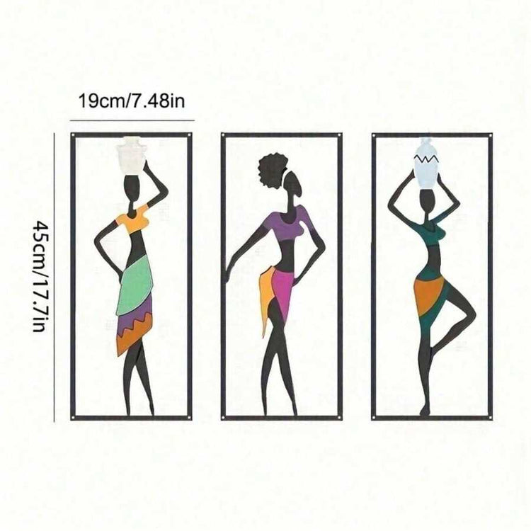 Bohemian Macrame Wall Hanging size guide showing three African dancer panels, each 45cm tall and 19cm wide, in colorful traditional attire.