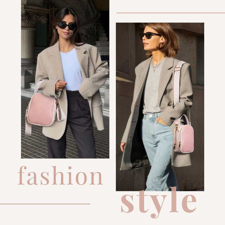 Two fashion images of a woman with a pink handbag, featuring &