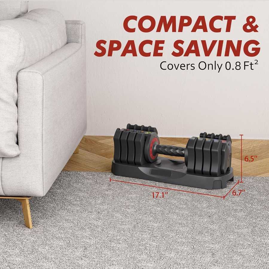 Compact Adjustable Dumbbells Set for Home Gym Excellence fits in 0.8 sq ft space, ideal for small home gyms with 17.1-inch base length.