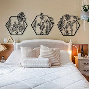 Hexagon botanical wall art set with black metal floral designs for home decor