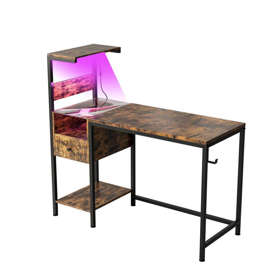 Computer desk with pink LED lighting on upper shelf, reversible layout, and rustic wood finish for stylish home office decor.