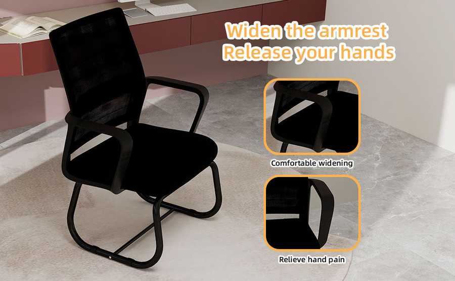 Black office chair with armrest widening feature in a room setting.