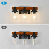 Wall-mounted light fixture with wooden and metal design, shown on and off.