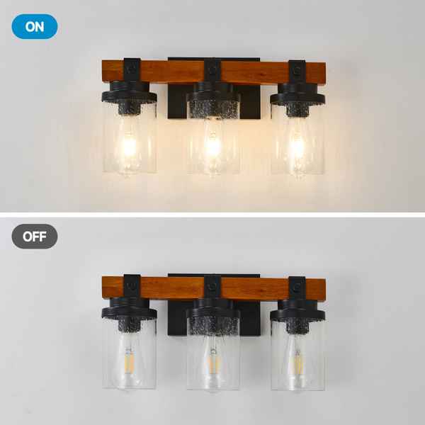 Wall-mounted light fixture with wooden and metal design, shown on and off.