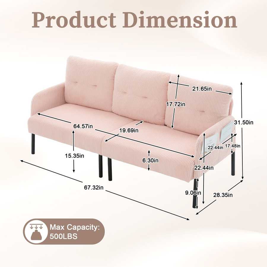 Dimensions of a pink sofa with measurement labels on a white background